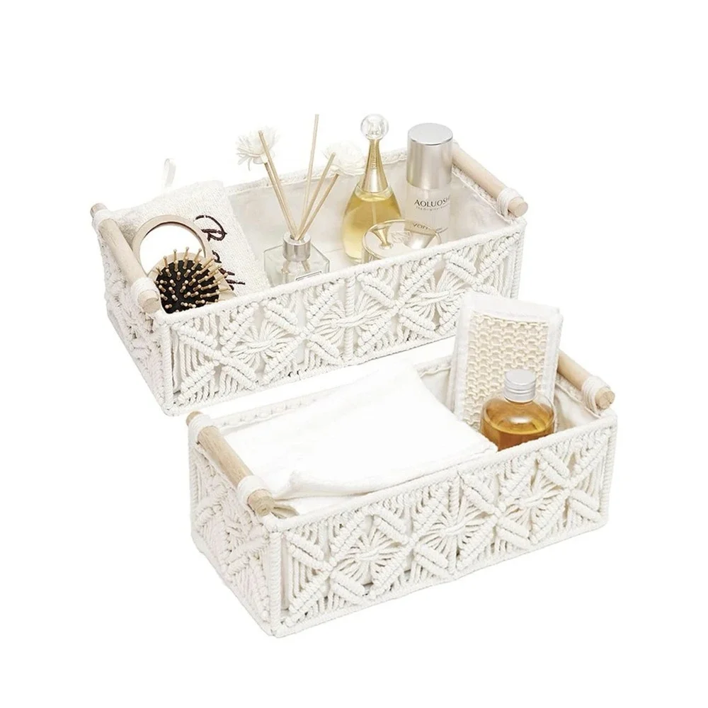 Hand Woven Large Storage Bins Basket Set White With Handles Set of 2 Home Decor